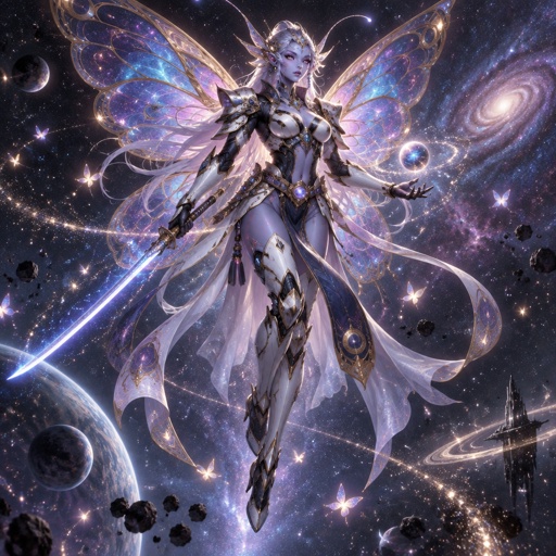A gorgeous alien butterfly woman in a futuristic space samurai armor. Show whole body. 