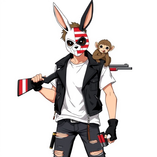 14 year old boy 5’6 he has a white t shirt he Caucasian with a black biker vest jacket with a  American flag colored shotgun on his back ,he also has skinny jeans along with black boots he wears a tan bunny mask with black eyes as cameras,the mask is half white half ball split wise he has shotgun shells on his waist and he has a baby monkey on his shoulder eating a banana while he’s walking 