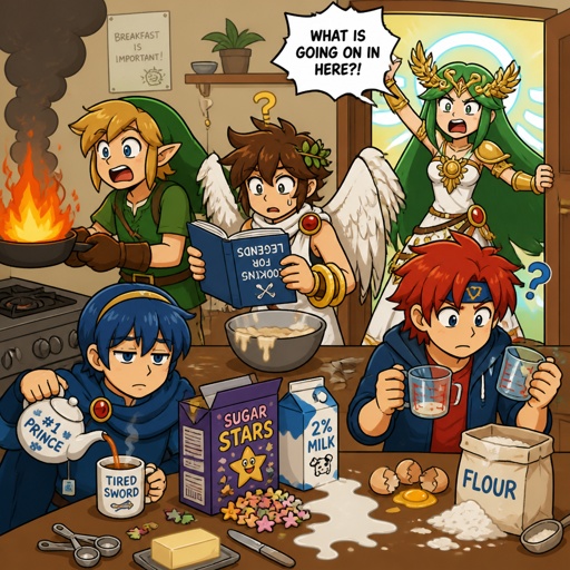Super smash brothers link from legend of Zelda, pit from kid Icarus,Marth from fire emblem,Roy from fire emblem, there trying to make breakfast and it’s going really bad,Roy looking at the measuring cups saying “which one do I use?”link holding pan that’s on fire, pit trying to read the cookbook but it’s upside down, Marth making himself some tea with a tired face expression,Palutena comes into the kitchen and yells “what are you guys doing!” All in casual clothes 