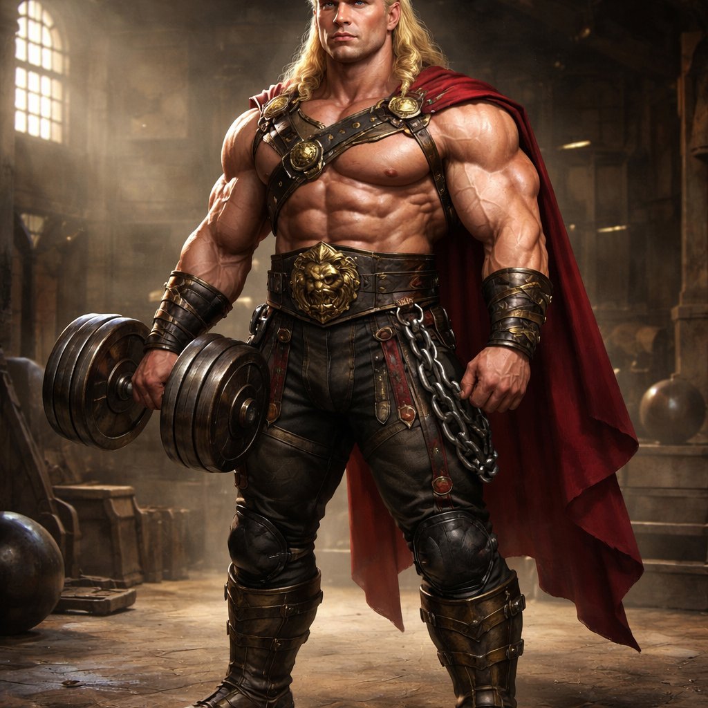 A tall well~proportioned figure/body with “broad-shoulders, thick neck, giving an impression of sheer power”. He has “rippling muscles on his, arms, chest, and legs”. His haircut is a blonde mullet. His “expression is often serene or determined, with deep-set blue eyes and strong brows, hinting at inner depth". He works at freak show as a strong man. His outfit consistsed of a modern gladiator outfit but with pants.