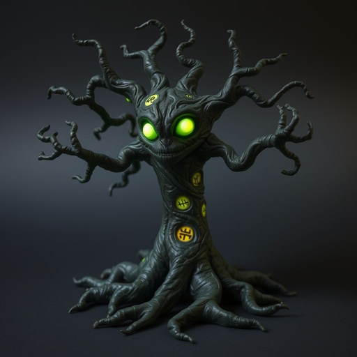 Give me a image of a dark  magic tree, with roots in the bottom