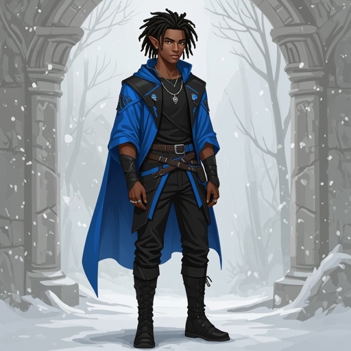 A 19 year old half human and half elf black man with short dreads wearing black and blue and brown eyes