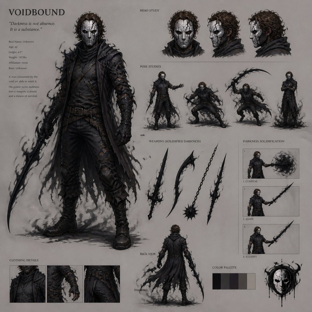 Male superhero with darkness solidification, ragged , weapons made of shadows, mask covers whole face,curly brown hair, cracks, middle aged, multiple of the same character