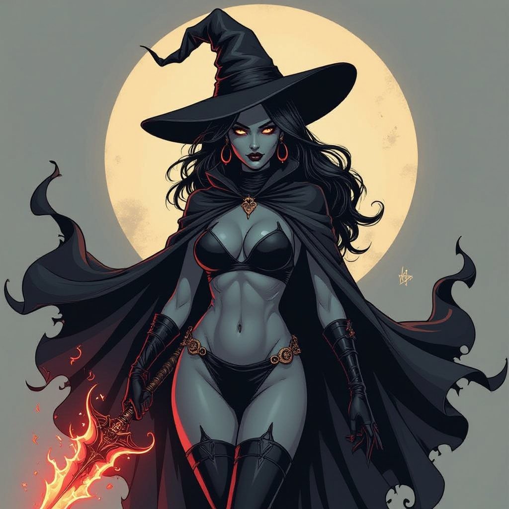 sexy shadow demon witch gypsy slate grey skin large black billowing cloak that emits darkness and shadow. Two piece. Witches Hat. Wields Evil Flamberge