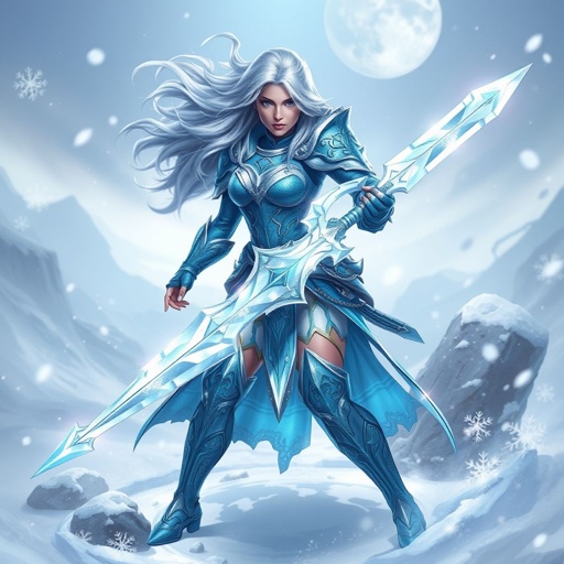 Create a battle woman hero called Alvara the Frostheart. Show full body head to toe including shoes 