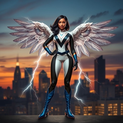 African American female superhero with shoulder length hair in a side part style and wings made of white lightning wearing a slightly homemade white blue and black suit with black pants with a stylized V as her chest emblem wearing blue flat boots made of gold standing in Philadelphia at dusk