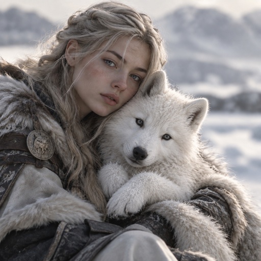 a woman in a fur coat holding a white wolf