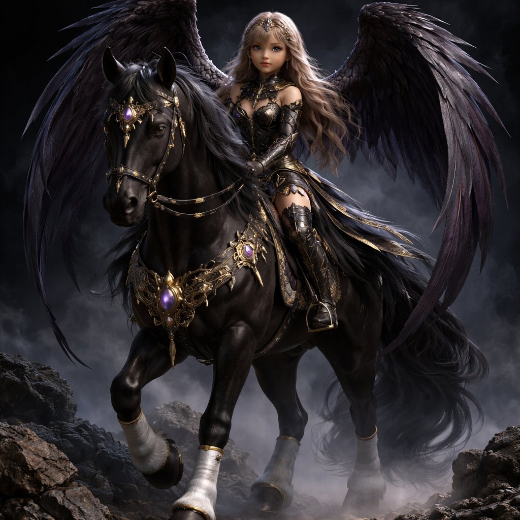Non sexualized Tan skin and light Blonde hair 15 year old girl with brown eyes. Long dark eyelashes and irises with gold flecks . Black background with dark fog and rocks. She’s riding a regal horse. She has dramatic black wings with a purplish hue. She’s wearing a skin tight decorated armor. The horse has white leg wraps on its feet with gold gems. The horse has jewelry and studded tack. The horse is black and tall