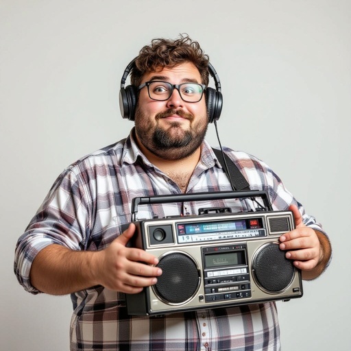 Create a funny fat guy who has a book box radio , make it kinda cartoonish 