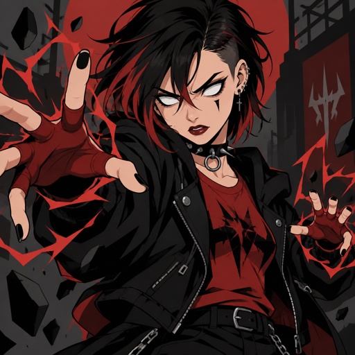 Female, black hair red streaks, half cut messy hair, white eyes, black spike under eye, ear piercings, choker, black jacket with puffed sleeves, red shirt, fingerless red gloves, angry, using spasm powers