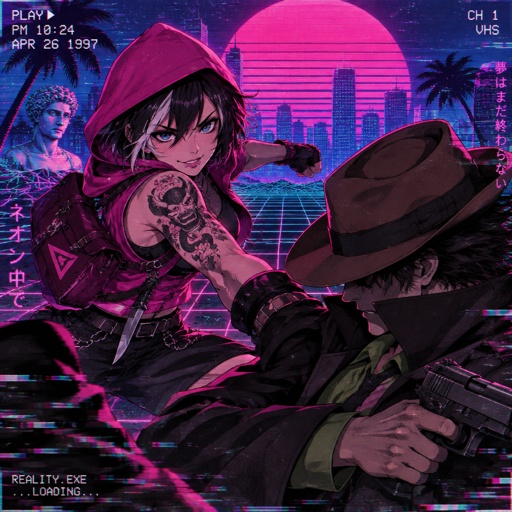 Female, black jagged hair cut, neck length, white strands, two lip piercings, blue eyes, magenta sleeveless hoodie hood up, dark magenta satchel, belt with knife attached, gloves, tattoos on both arms, smirk, Male, no facial hair, brown fedora that covers eyes, black back hair spiky, black trench coat with upturned collar, green shirt, holding gun, fighting the other
