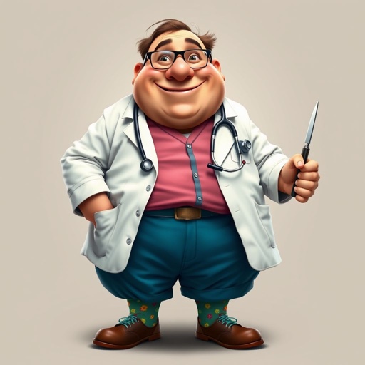 create a fat doctor. Who is funny human looking from head to toe. And he always immediately results to surgery for anything even small things. So please be sure to show his whole outfit head to toe. Make him have 1 tooth