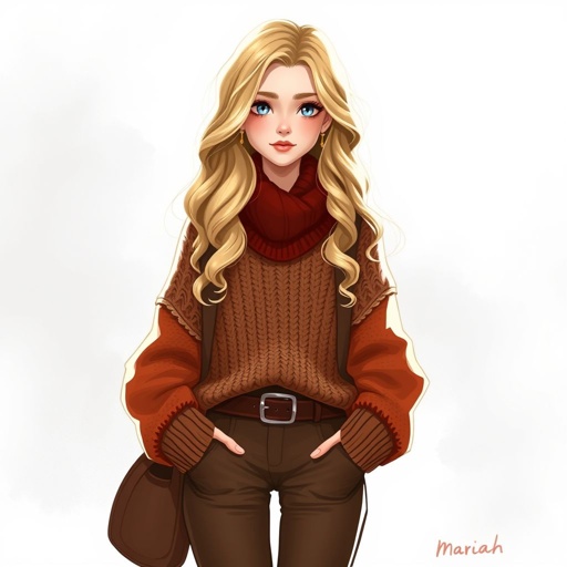 Mariah (18 ) - light blonde long hair and pale blue eyes and gentle curls and has a cinnamon girl clothing style - -autmn inspired -boots/sweaters -brown/red/beige -COZY -vintage pieces
