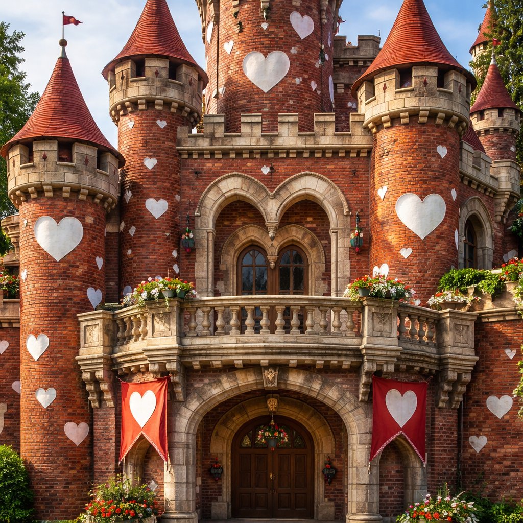 A red castle with hearts on with a balcony