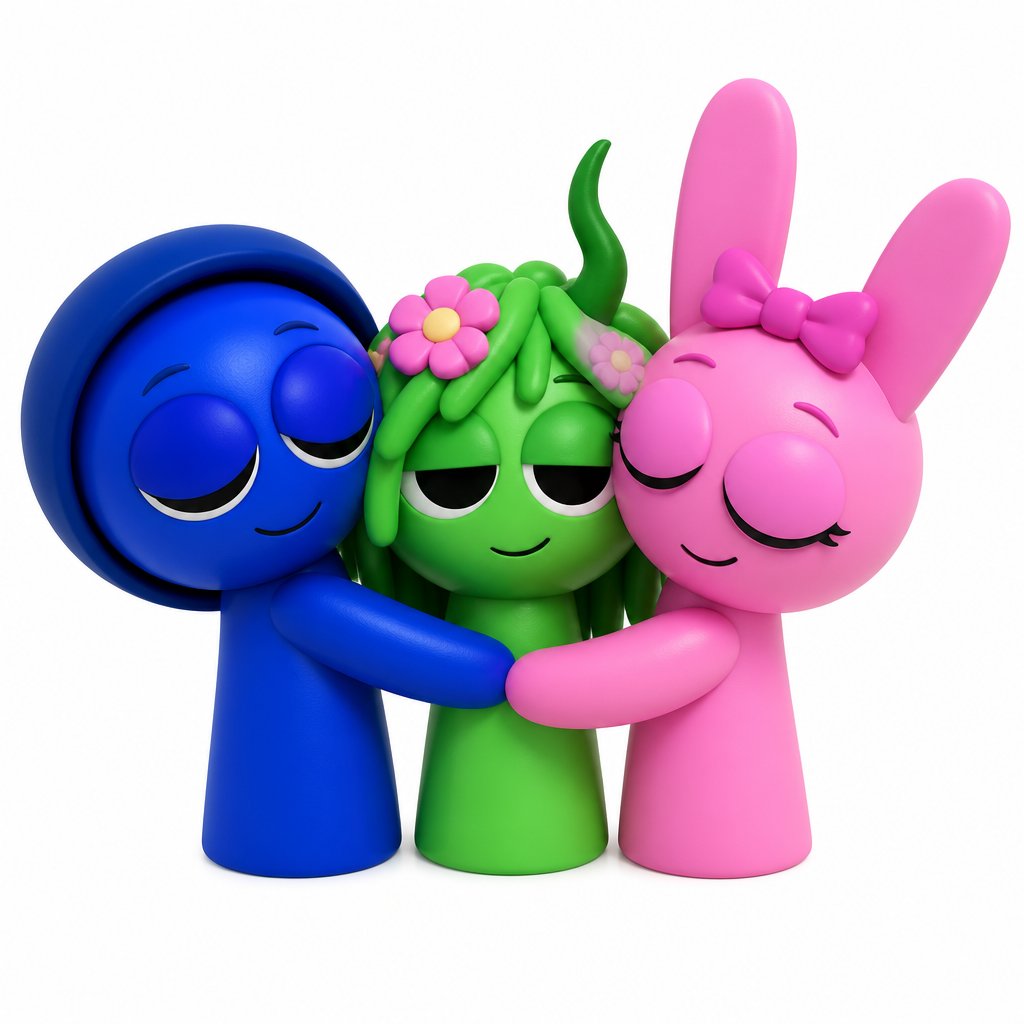Jevin from Sprunki and Pinki From Sprunki cuddling each other with Vineria from Sprunki in the middle of them
