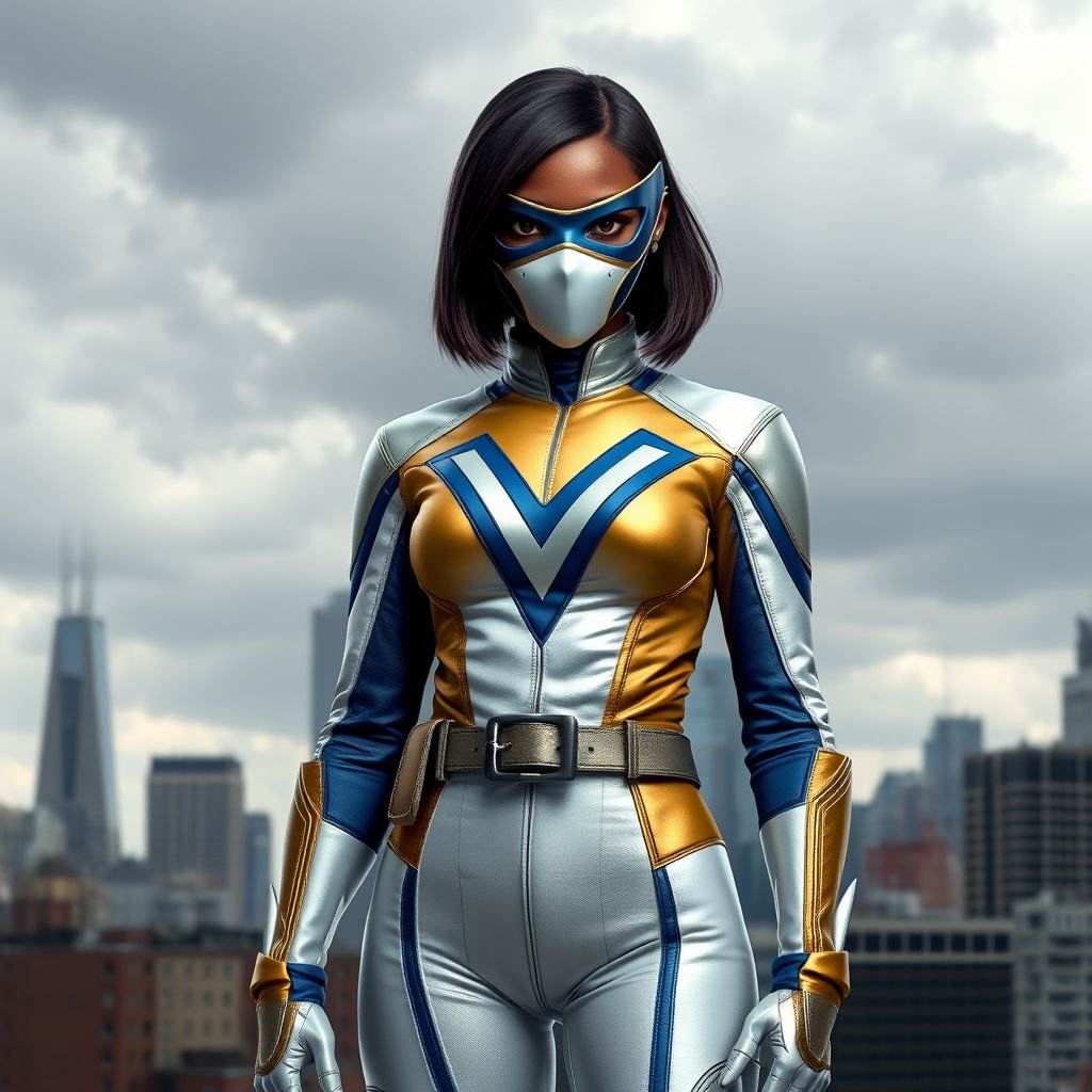 A teenage African American female superhero with hair in a shoulder length side part style wearing a mask wearing a partially leather white and Gold suit with blue accents and a stylized V as her chest emblem a utility belt and silver boots standing in Philadelphia during a cloudy day