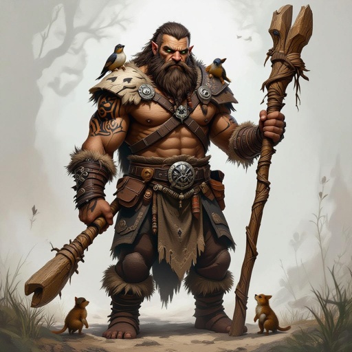 Kael the Beastbound – A rugged, broad-shouldered man with brown skin and a rough beard, wearing armor made from bone and leather. deep green eyes tattoos of animal tracks spiral down his arms. He carries a massive wooden staff carved with the shapes of beasts, and small creatures often perch on his shoulders or follow at his feet.