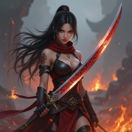 Warrior girl with flowing black hair, with sword with dragon crafted, holding with one hand across the picture, fierce background with fire, warrior costume with red and black