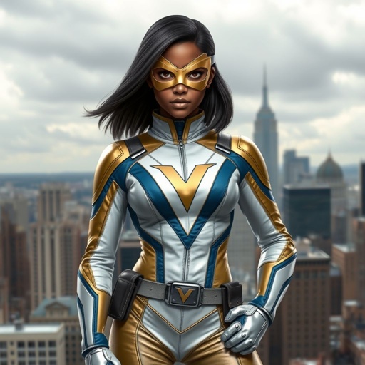 A teenage African American female superhero with hair in a shoulder length side part style wearing a mask wearing a partially leather white and Gold suit with blue accents and a stylized V as her chest emblem a utility belt and silver boots standing in Philadelphia during a cloudy day