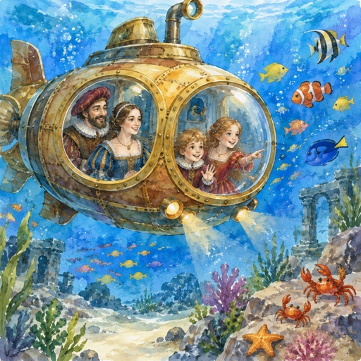 No print dots no speech bubbles, vivid colours realistic, a small, personal submarine with big portholes is sailing underwater. The family inside dressed in Renasant robes looks out to see bright coloured fishes and little crabs on the bottom. The water is very blue and bright. Everybody is happy.