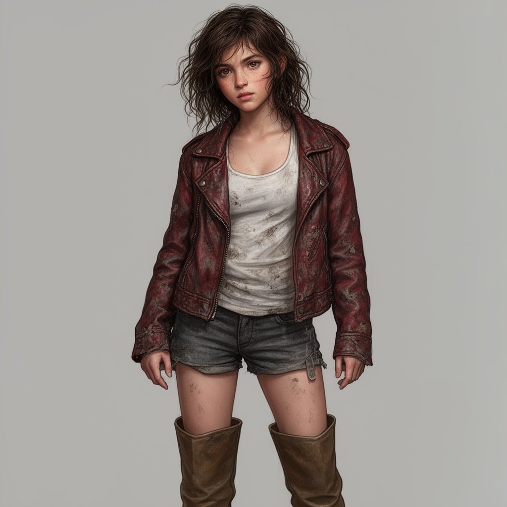 short sixteen-year-old girl with wavy, messy dark-brown hair and warm brown eyes. She wears a dirty, beaten-up dark-red leather jacket over a white tank top, paired with dark-gray jean shorts and tall brown boots.