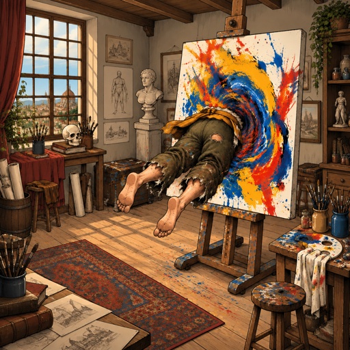 a person laying on a easel in front of a painting
