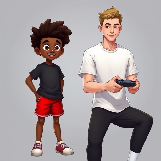 Young 12 year old dark skin boy with a mini Afro with black T shirt on with red shorts sitting next to a 19 year old boy with white T-shirt on and a black pat of pans and white socks on with black mini dreads holding controller