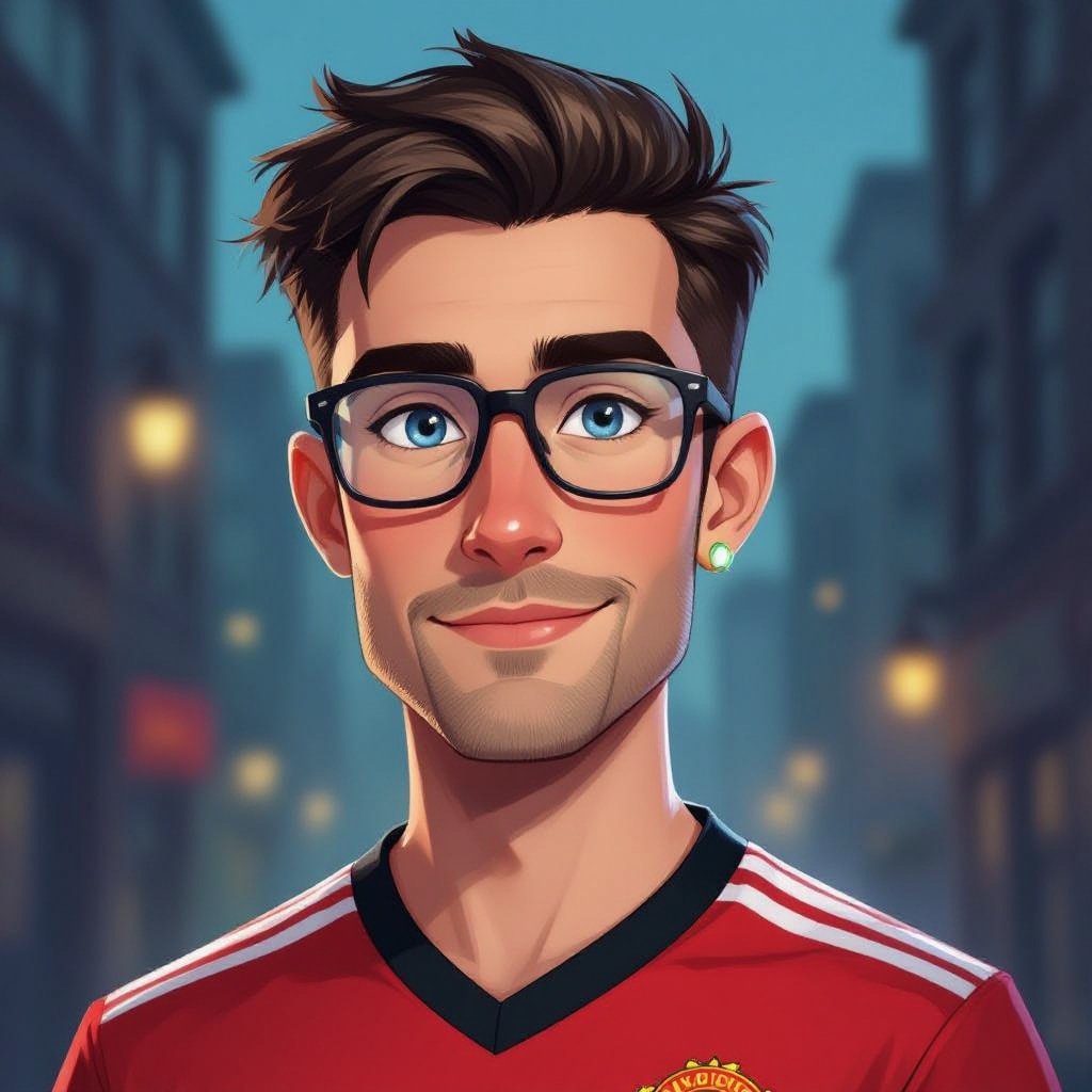 Mężczyzna o krótkich, ciemnobrązowych, włosach. bez zarostu.  niebieskie oczy. Ubrany w koszulkę piłkarską manchaster united. Duże okulary z szerokimi oprawkami.  Bez Kolczyków w uszach. Podłużna twarz. Wysokie czoło, wąskie usta, Brwi opadające na końcach, wąskie oczy