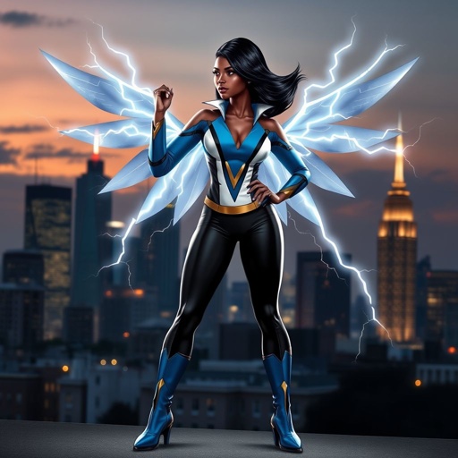 African American female superhero with shoulder length hair in a side part style and wings made of white lightning wearing a domino mask wearing a slightly homemade white blue and black suit with black pants with a stylized V as her chest emblem wearing blue flat boots made of gold standing in Philadelphia at dusk
