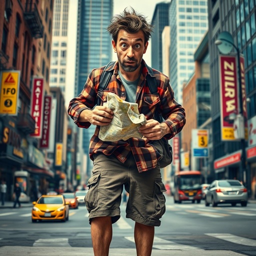 Create a funny looking paranoid man in the world, with a not so stylish outfit head to toe