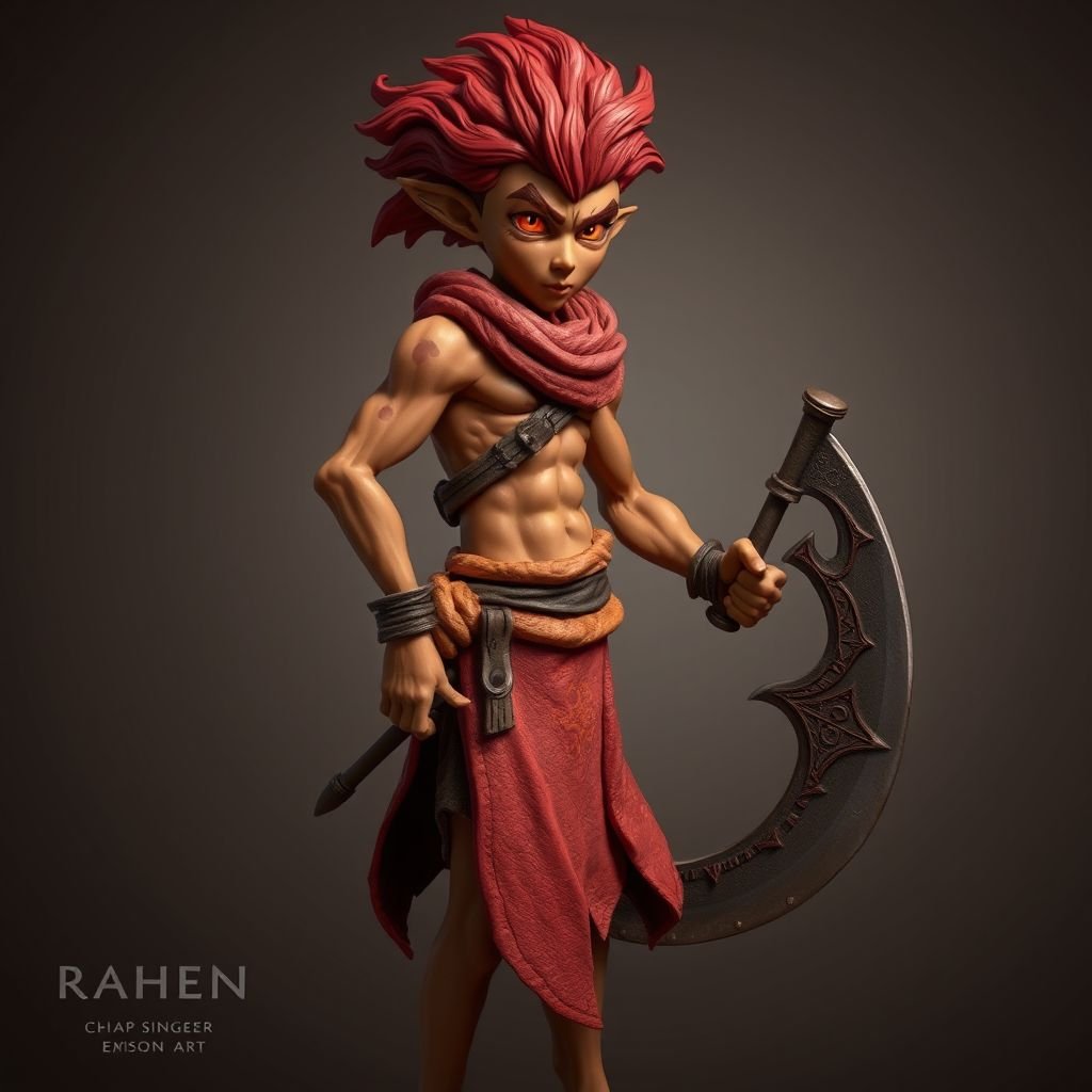 Create a character: Rhen the Fire-Singer – A lean, muscular man with sun-kissed bronze skin and ember-like eyes. His hair is a wild mane of deep crimson. He wears layered, flowing desert robes dyed in warm reds and golds, with scorch marks where flames have licked them. A curved blade hangs at his hip.