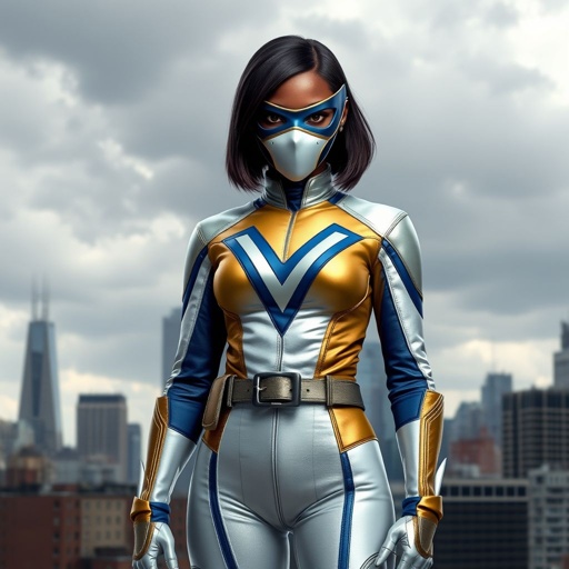 A teenage African American female superhero with hair in a shoulder length side part style wearing a mask wearing a partially leather white and Gold suit with blue accents and a stylized V as her chest emblem a utility belt and silver boots standing in Philadelphia during a cloudy day