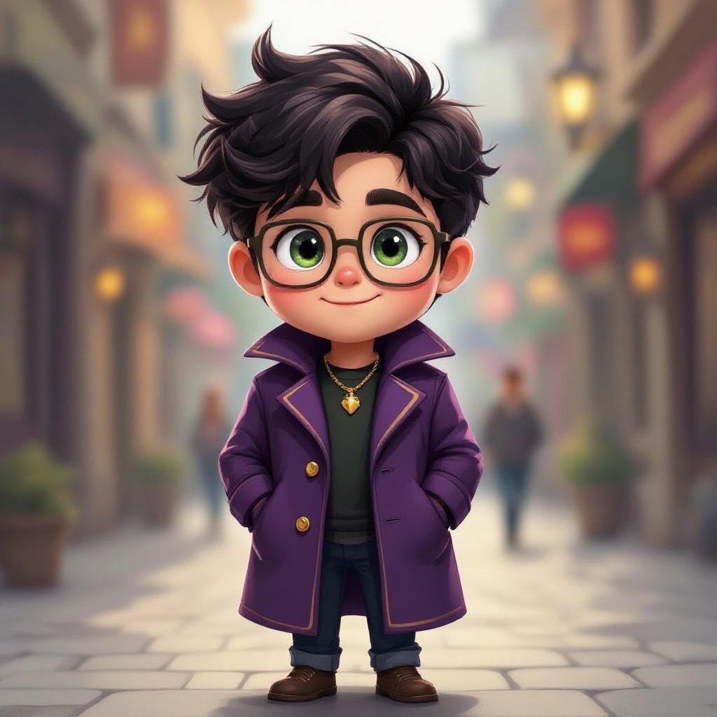 Male 17-year old Dark hair with greenish bluish eyes wears purple longcoat with gold outline square glasses slightly chubby cheeks and a necklace