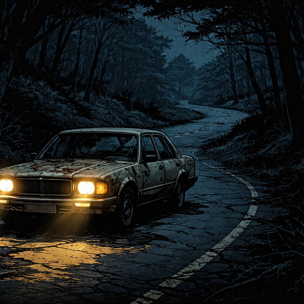Realistic, refined, no caricatures no speech bubbles. It is night a dark Hill road with trees and an old rundown car with its lights on is on the road.