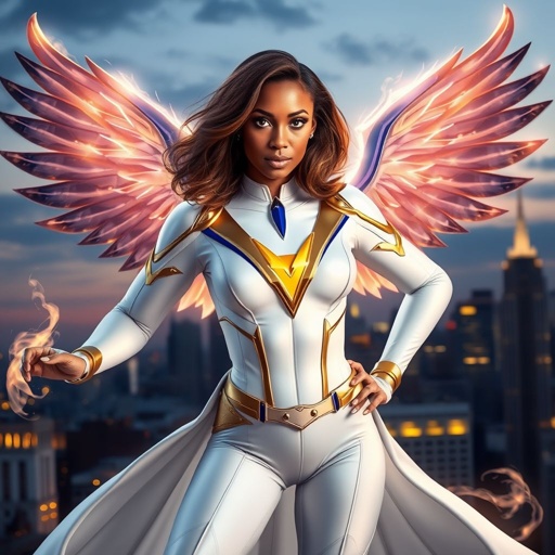 African American female superhero with brown hair with gold highlights in a shoulder length side part hairstyle with pure Gold Glowing eyes wearing a white suit with gold and royal blue with white pants and gold and white knee length boots with a utility belt with a gold V as her chest emblem with glowing wings made of white fire in Philadelphia