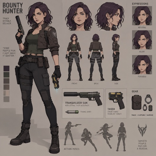 Female, medium wavy dark purple hair, gray eyes, short, open jacket with a dark green shirt, she is one of the best Bounty Hunter for hire, she uses a tranquilizer gun and a TASER Pulse 2 