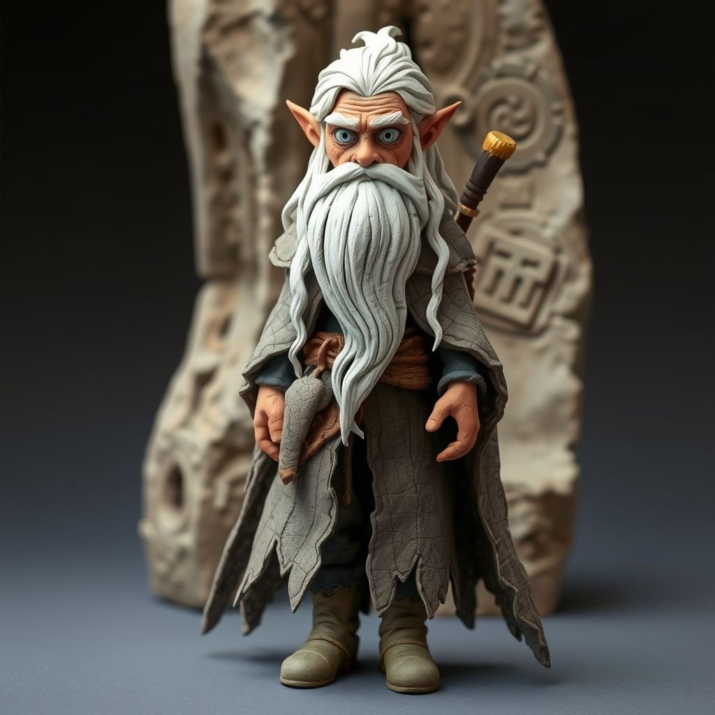 Create old aged character: The Silver-Eyed Wanderer – A tall, long beard hooded androgynous figure with hair that white. piercing silver eyes seem to see both past and present at once. a long, tattered cloak covered in stitched symbols from lands unknown. Show her whole body head to toe including her shoes.