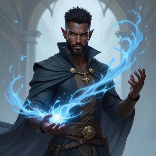 Black elf man in his early thirties with short black hair and black beard with brown eyes with wind abilities 