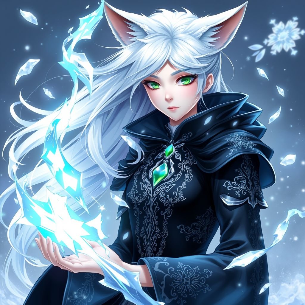 (Genshin Impact) A pale teenage girl with a Cryo Vision wearing a royal black top and trousers with hair and small fox ears as white as snow with emerald eyes and conducting ice