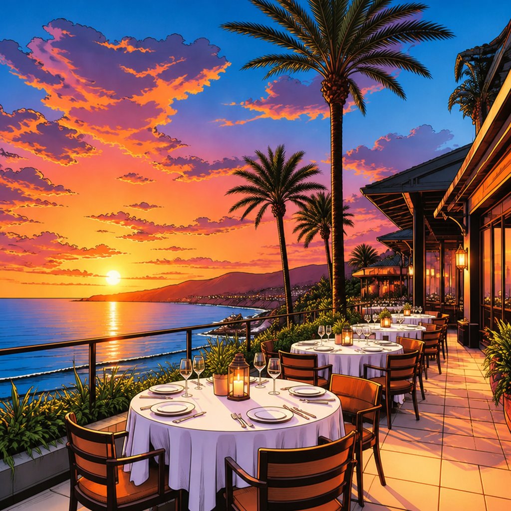 a painting of a sunset at a restaurant overlooking the ocean