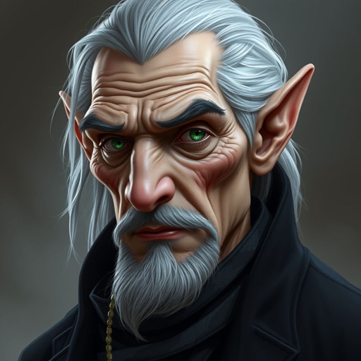 A elf in his late seventies dress in black with a goatee