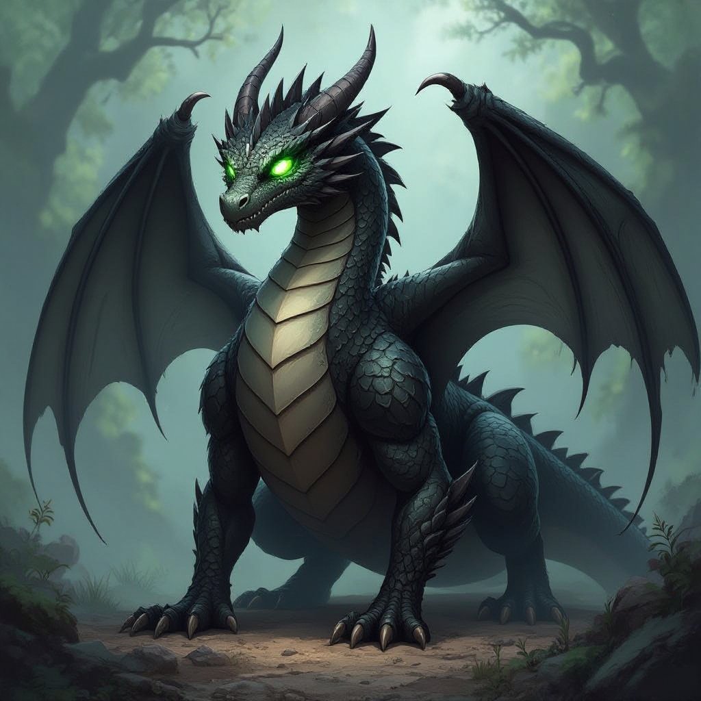 Giant Black Dragon with green eyes