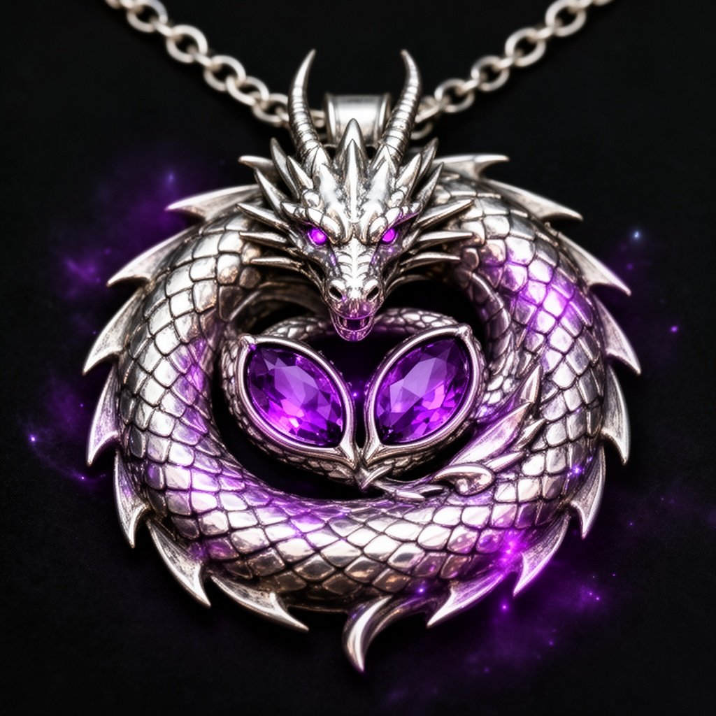 Silver necklace with a dragon curled around the center. The dragon has amethysts as its eyes.