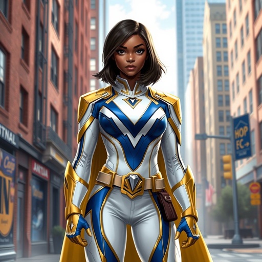 A teenage African American female superhero with hair in a shoulder length side part style wearing a slightly medievally armored white and Gold suit with blue accents and a stylized V as her chest emblem a utility belt and gold boots standing in Philadelphia