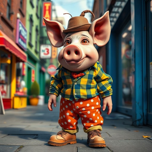 Create a funny looking pig man in the world, with a not so stylish outfit head to toe