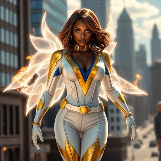 African American female superhero with brown hair with gold highlights in a shoulder length side part hairstyle with pure Gold Glowing eyes wearing a white suit with gold and royal blue  with white pants and gold and white knee length boots with a utility belt with a gold V  as her chest emblem with glowing  wings made of white fire in Philadelphia 