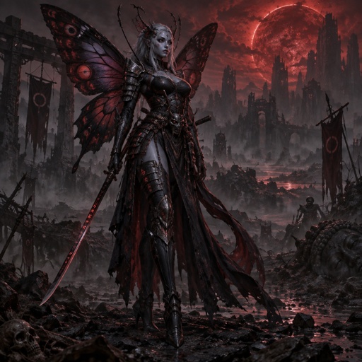 A gorgeous alien butterfly woman in a futuristic space samurai armor. Show whole body. 