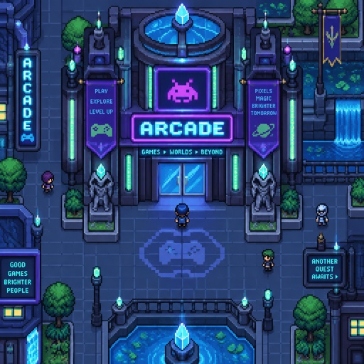 arcade full building for a futuristic fantasy city game, exterior, top down style