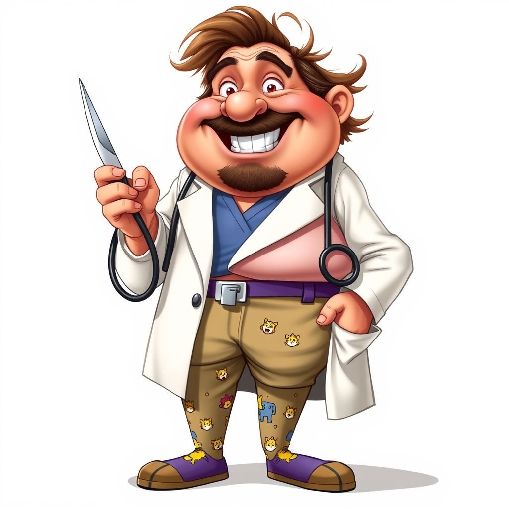 create a fat doctor. Who is funny human looking from head to toe. And he always immediately results to surgery for anything even small things. So please be sure to show his whole outfit head to toe. Make him have 1 tooth