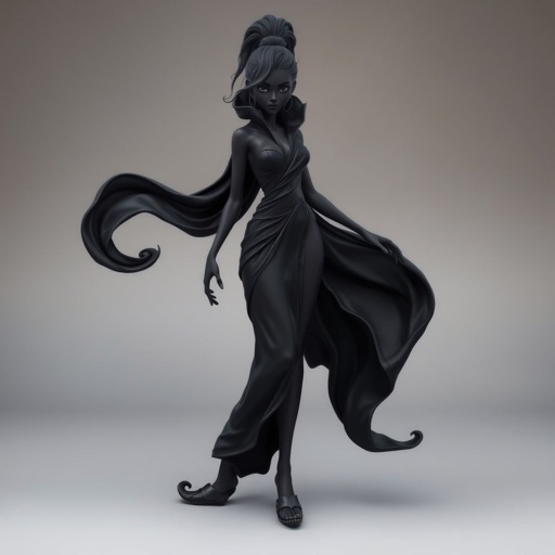 Create character hero Veyra of Shadows – A lithe, mysterious black woman draped in layered black silks that move like smoke around her. With jet-black hair. Show her whole body head to toe including her shoes.